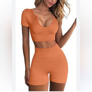 Crop Top Set Orange‎ Workout Outfit Seamless Ribbed Running Yoga Two Piece